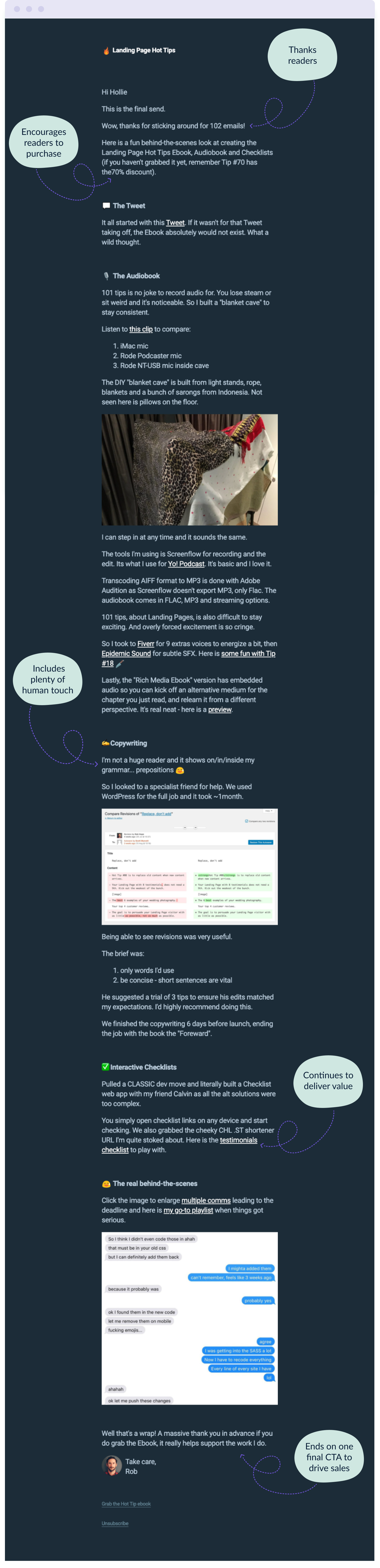 The conclusion email in the Landing Page Hot Tips email course is a great example you can steal ideas from