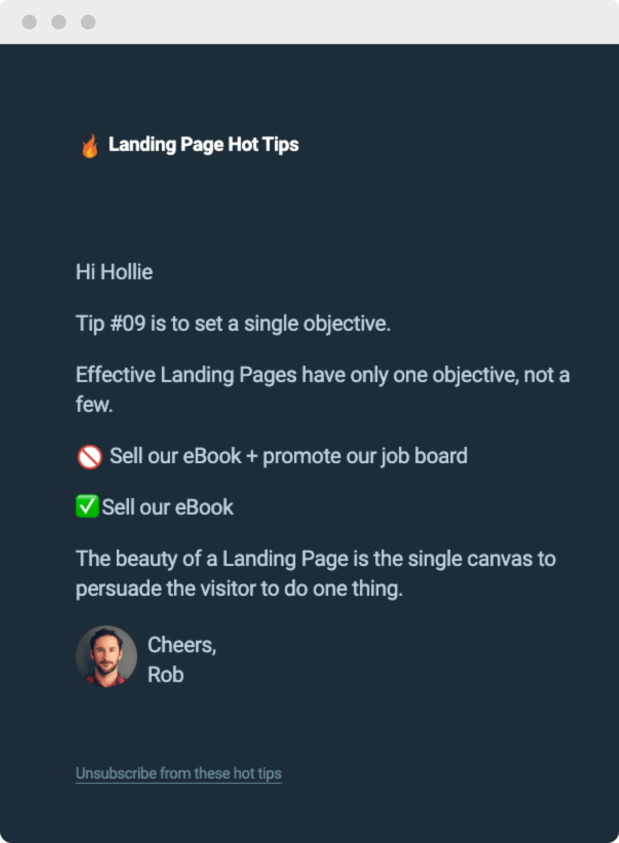 One of the emails in the Landing Page Hot Tips sequence that uses a word count of just 50 words