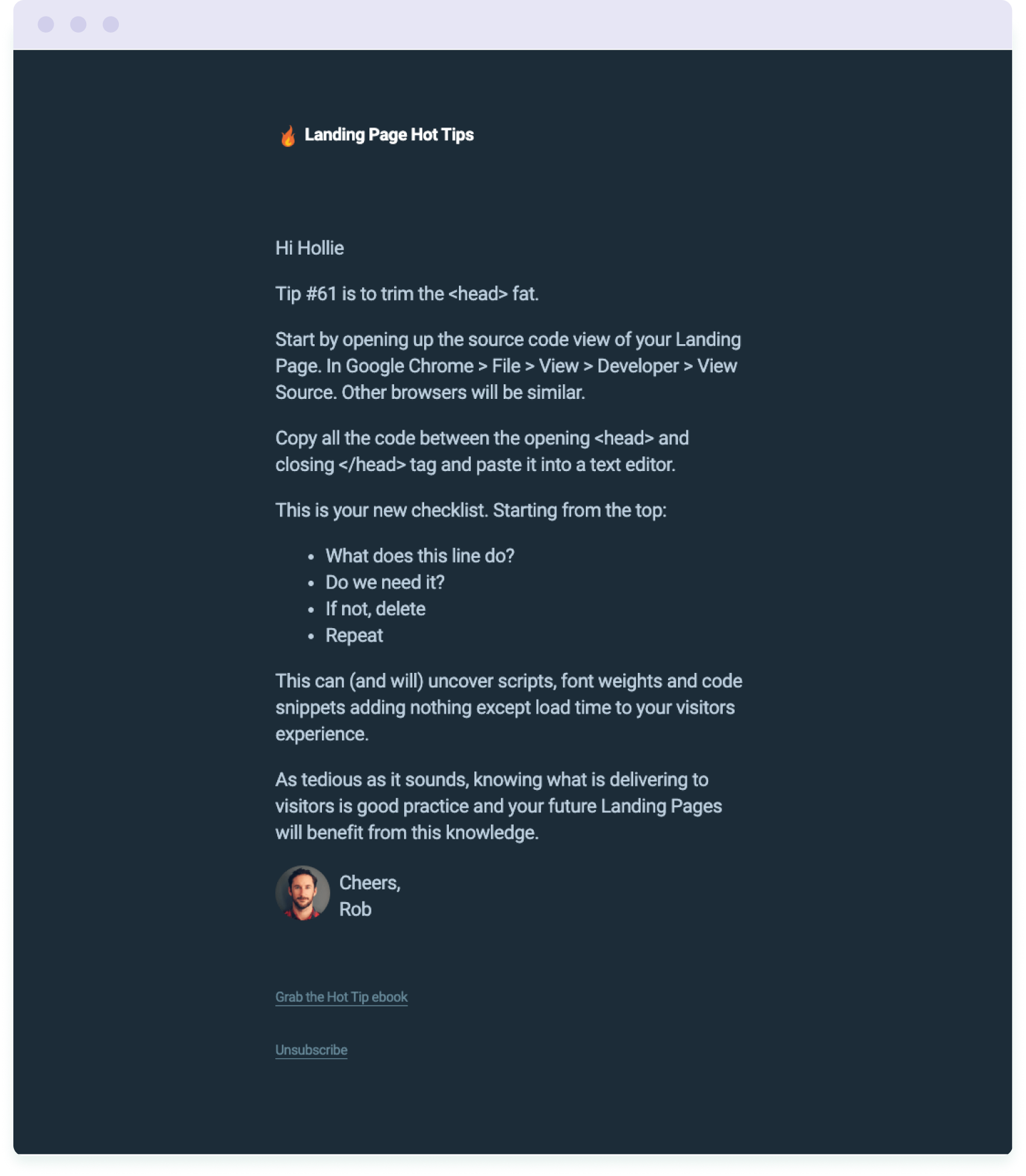 An example of an email in the 100-day Landing Page Hot Tips email course by Rob Hope