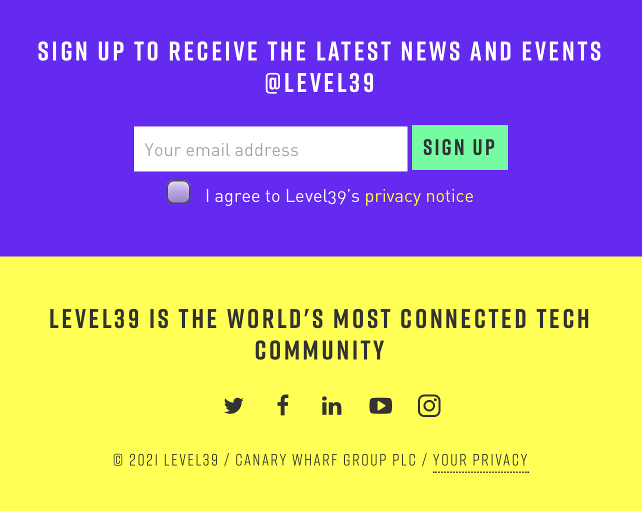 Example of an embedded sign-up form on the Level39 website