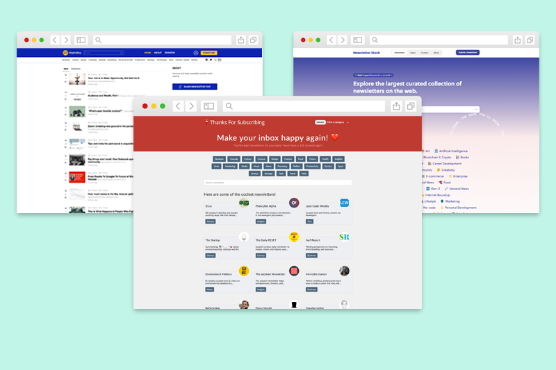 Picture of websites that feature in our list of newsletter directories and aggregators
