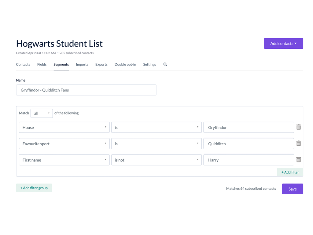 Screenshot of the list segmentation feature in EmailOctopus