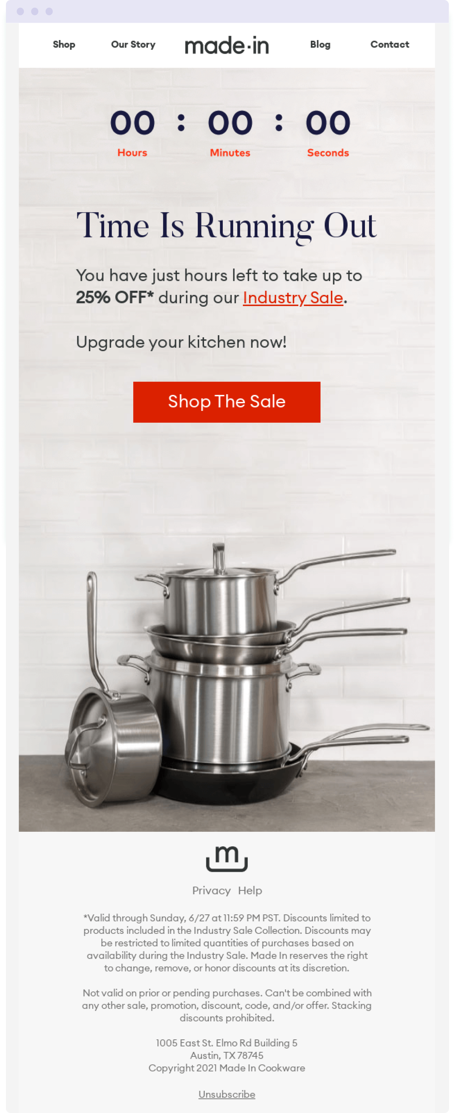 Example of an email from Made-In using a countdown timer, which is a form of dynamic image