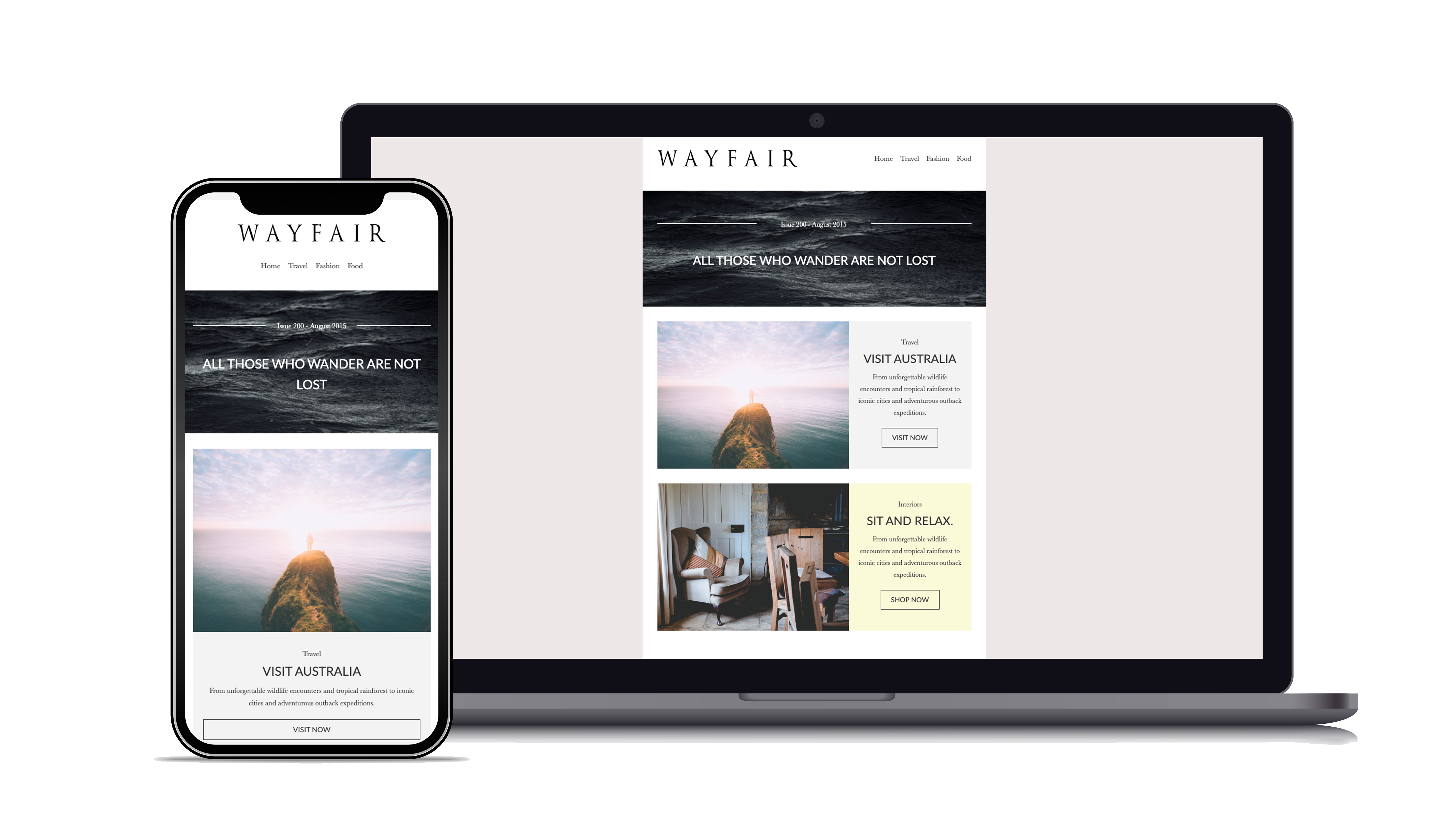 Free responsive Wayfair template from EmailOctopus shown on desktop and mobile