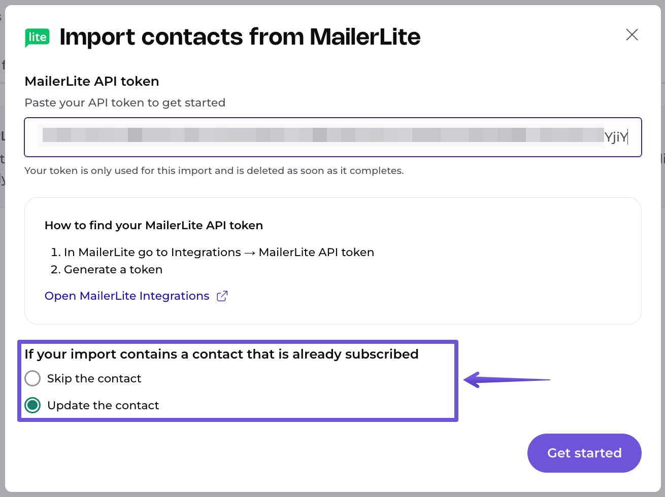 Importing contacts from MailerLite pop up