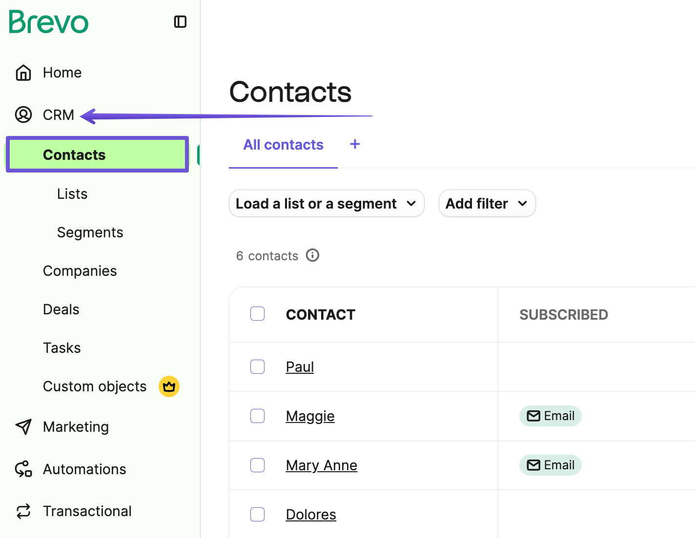 Contacts tab in Brevo