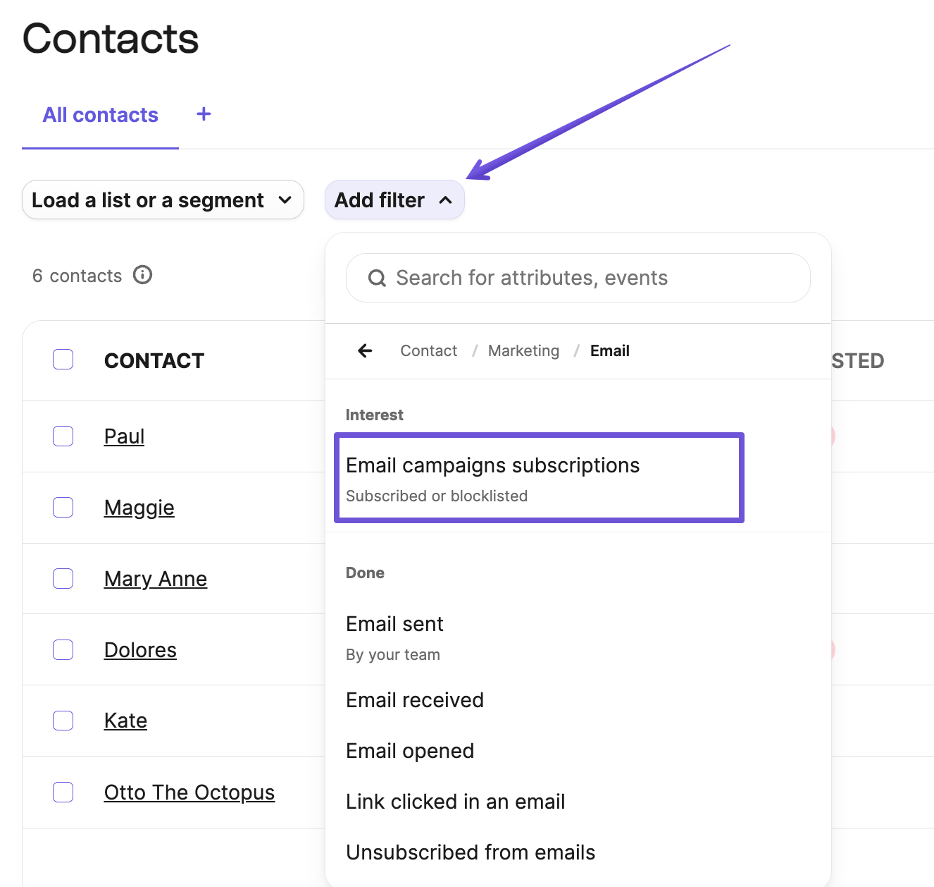 Filtering contacts in Brevo