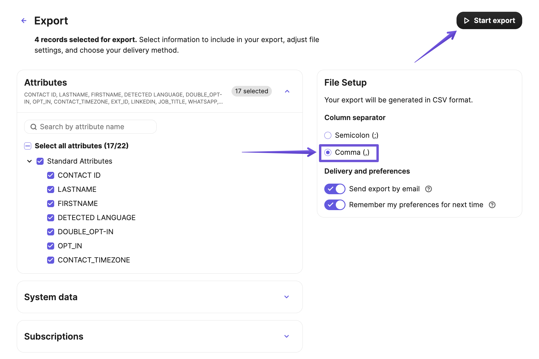 Export screen in Brevo