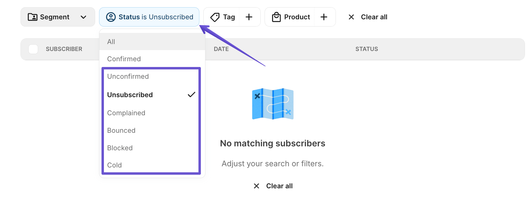 Choosing the unsubscribed status in a list in Kit