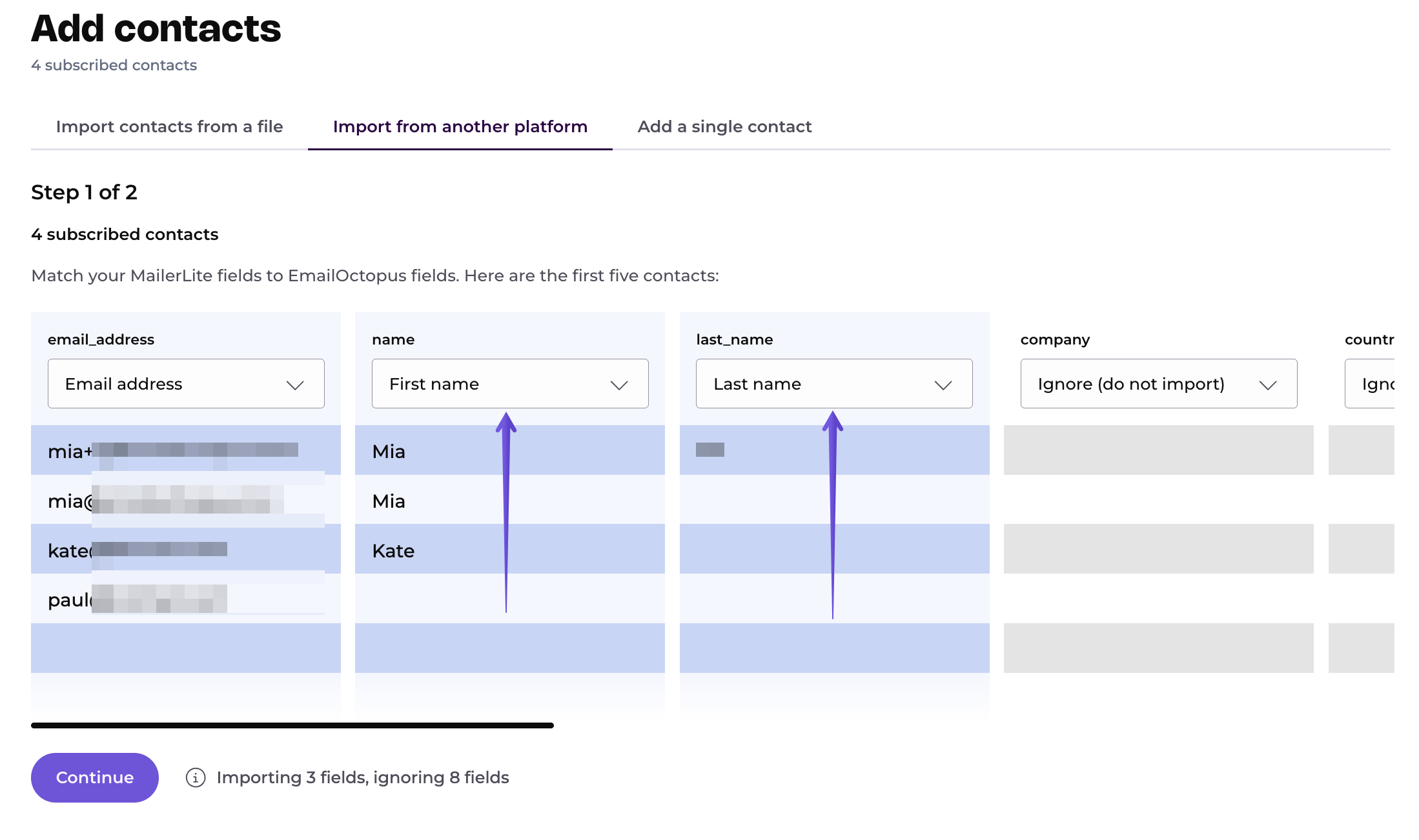 Mapping fields during import