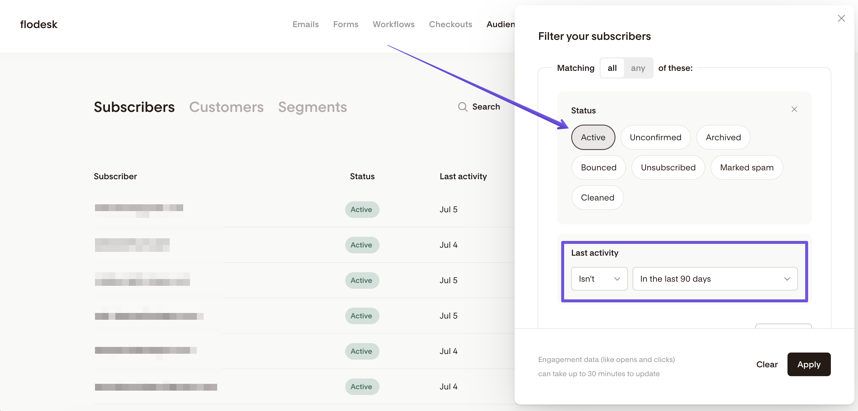 Filtering by last activity in Flodesk