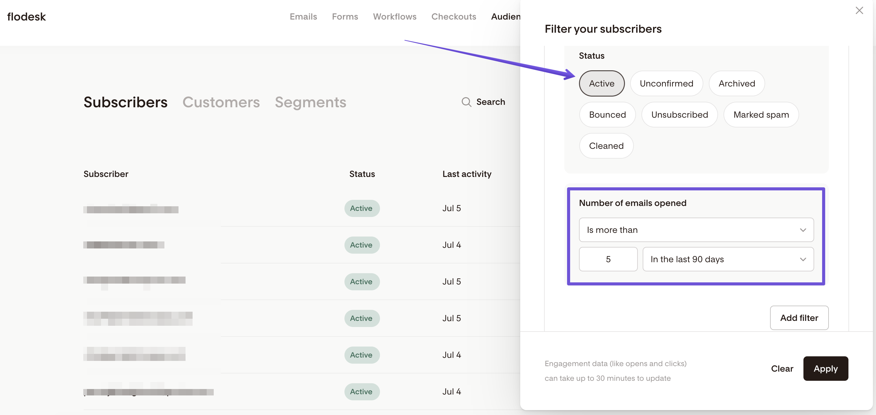 Filtering by emails opened in Flodesk 