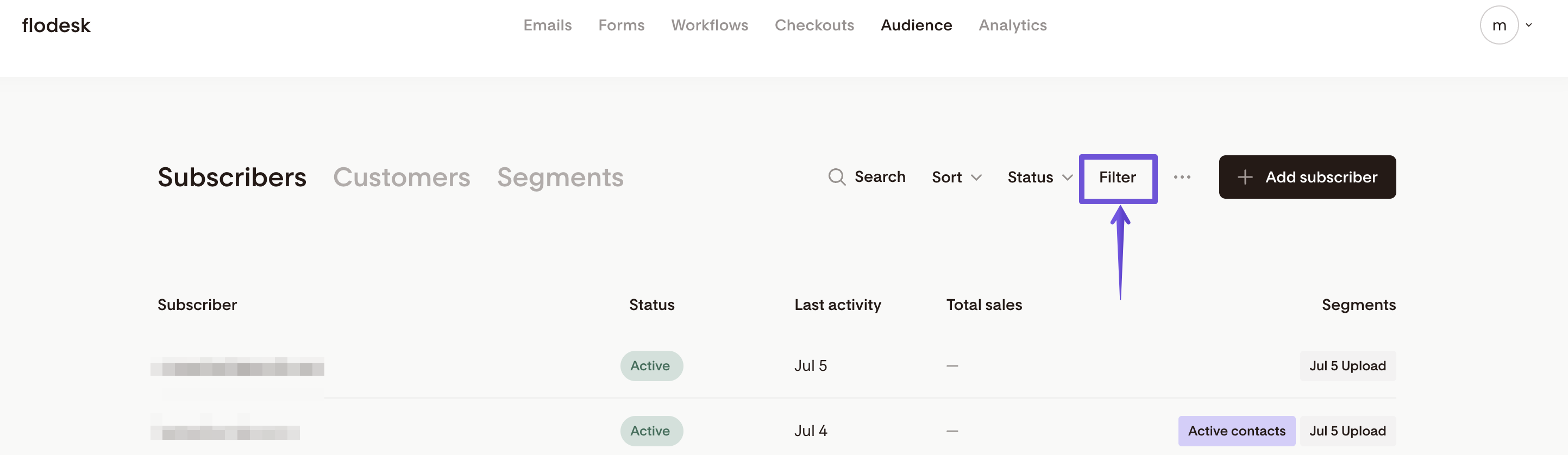 Filtering contacts in Flodesk