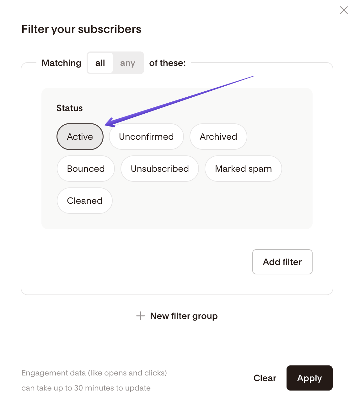 Filtering options in Flodesk