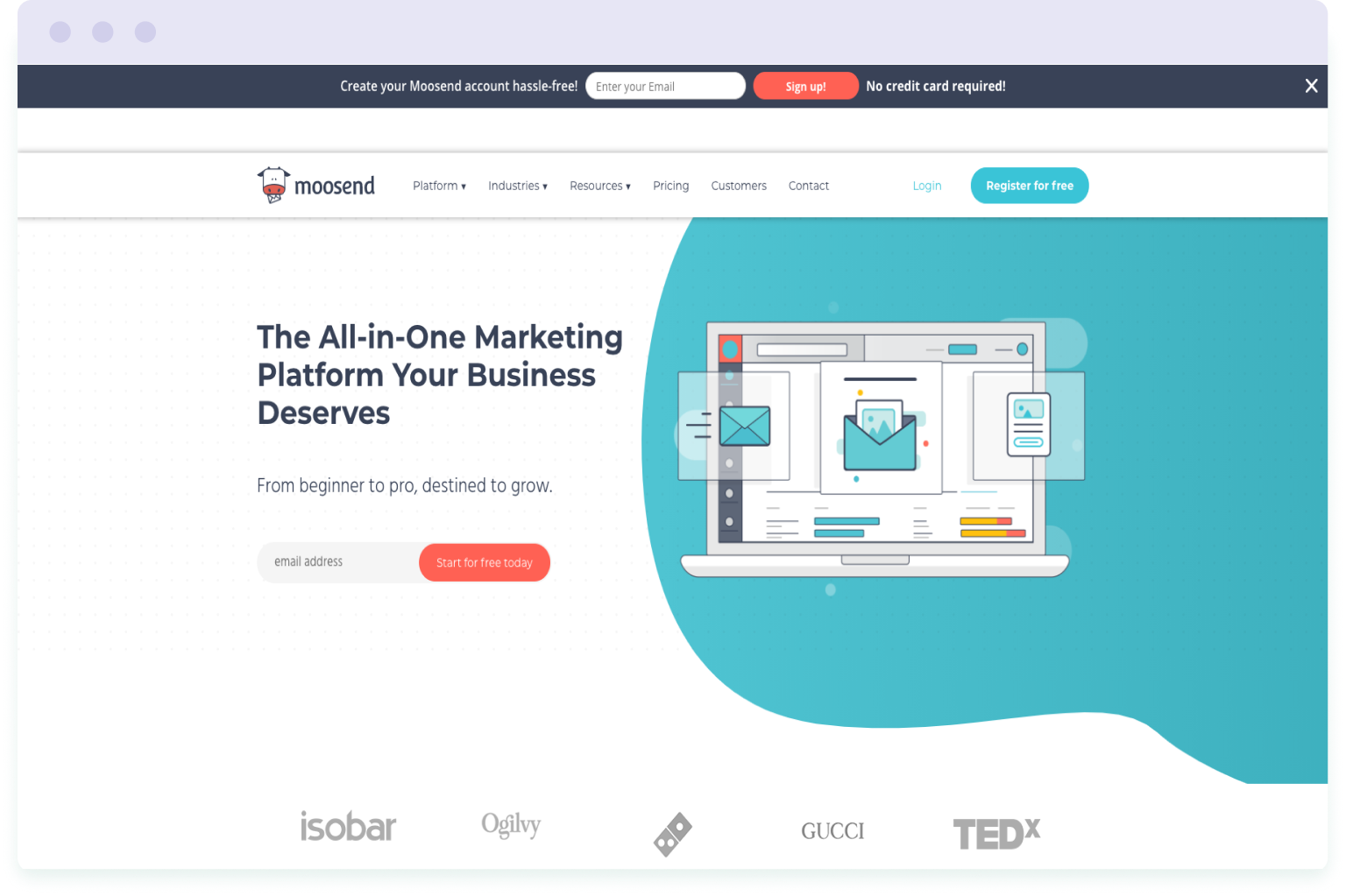 Image of the website homepage for Moosend, which is a cheaper alternative to Mailchimp