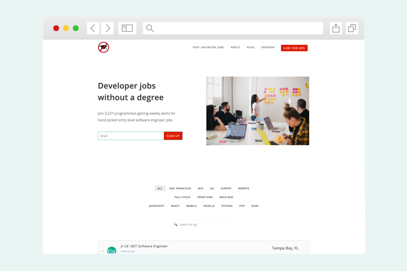 The No CS Degree online job board