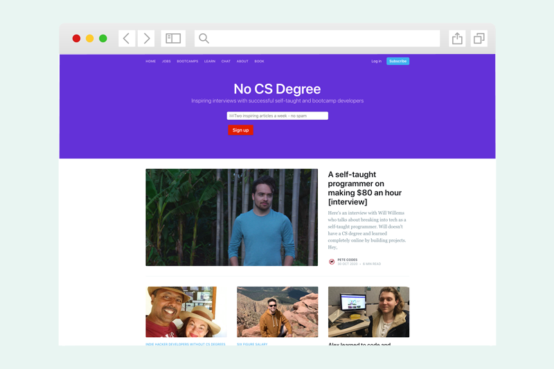 The No CS Degree website homepage