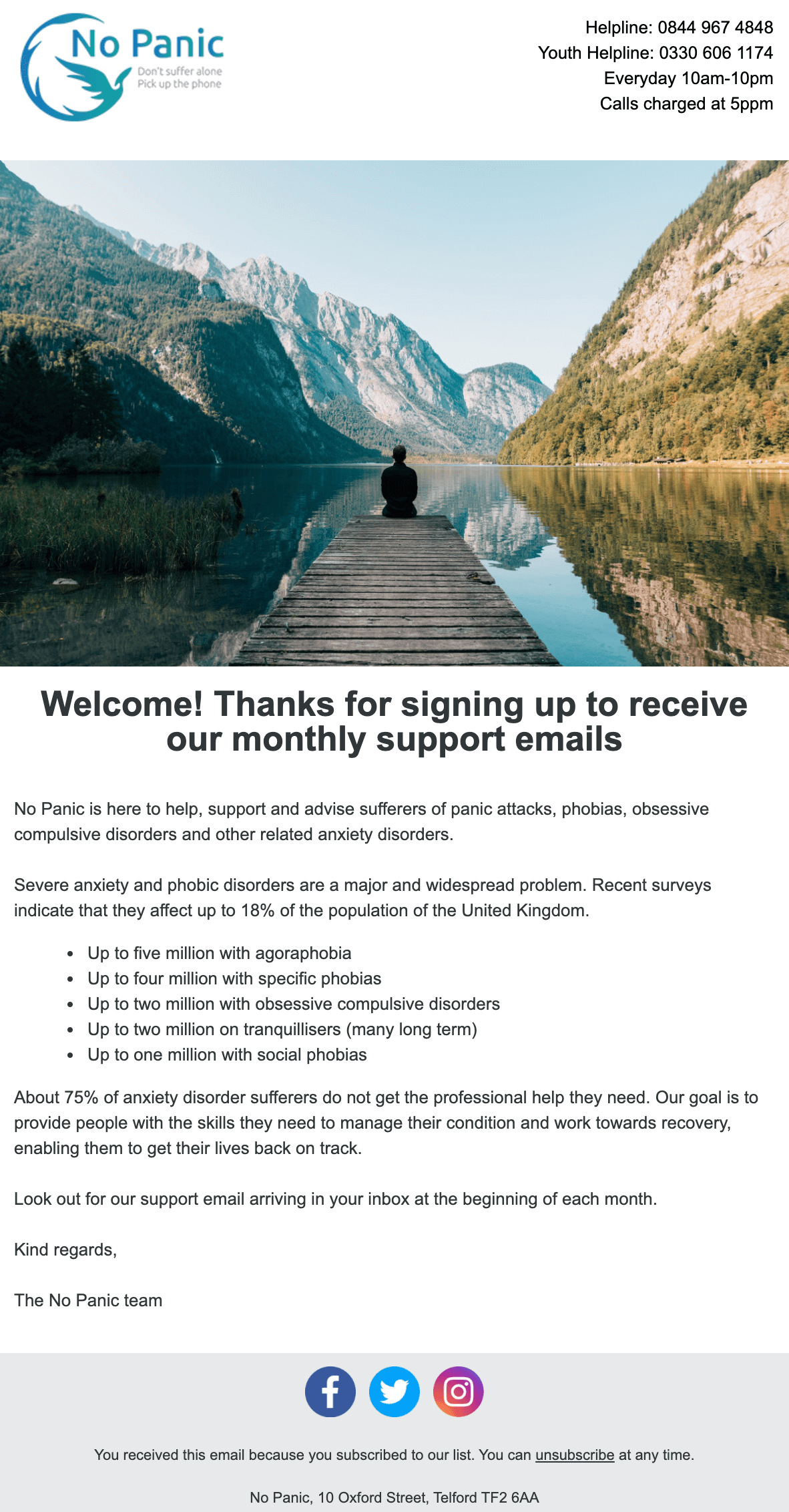 Image of No Panic's welcome email. The email includes statistics on anxiety disorders and the organisation's main goals.  