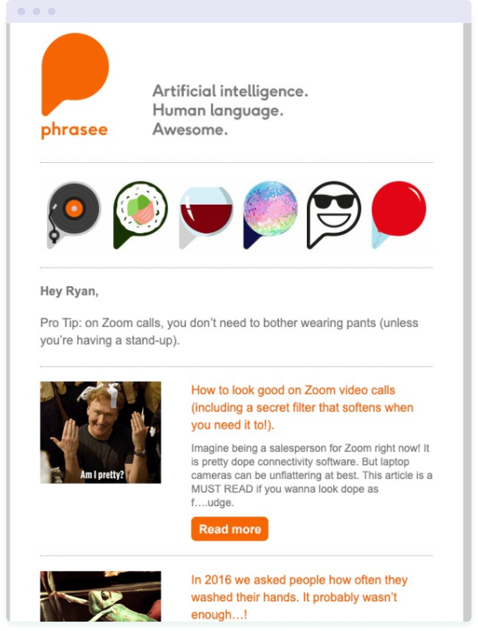 An email from AI software company Phrasee demonstrating how to use humour in email marketing