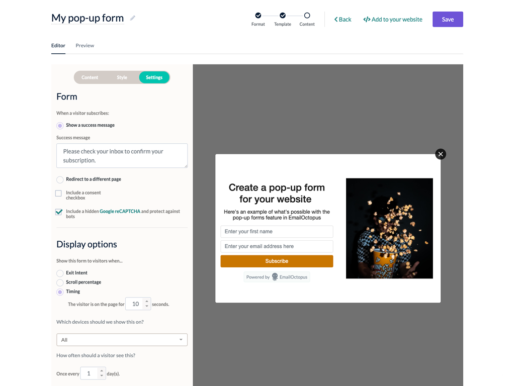 Screenshot of the pop-up form editor in EmailOctopus – a useful tool for growing your email list