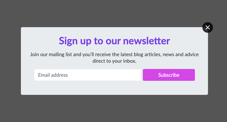 Example of a well-designed pop-up form that uses complementary colours and a muted background