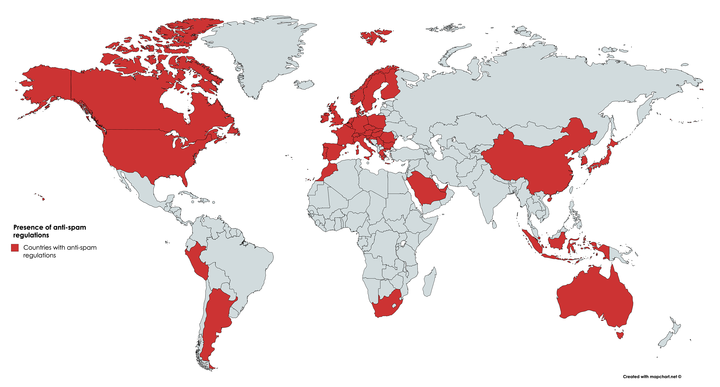 World map showing countries with anti-spam regulations in red