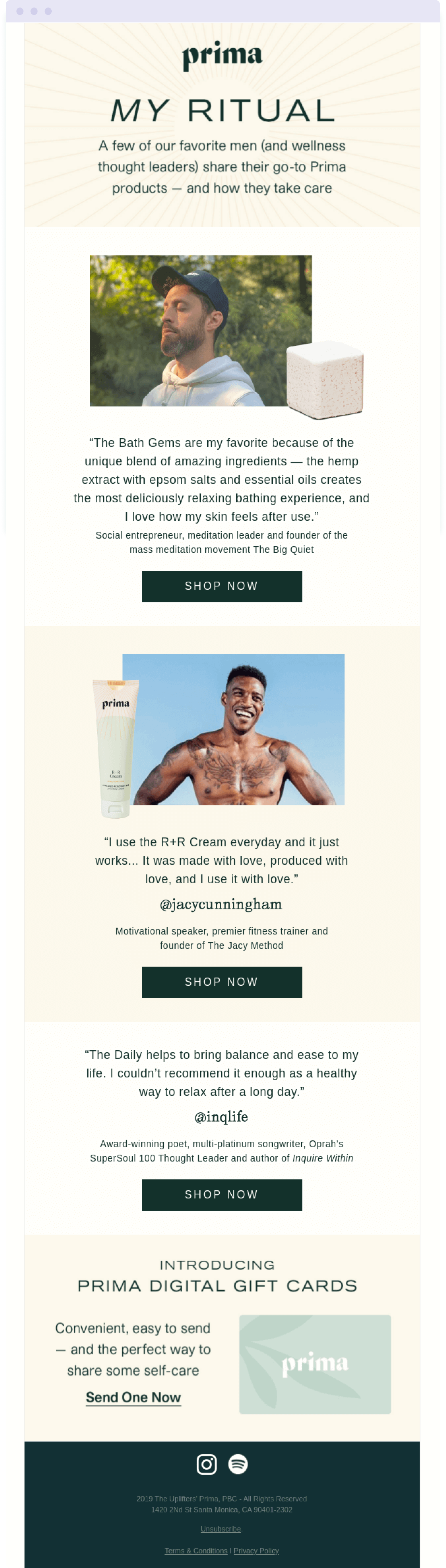 An example of an influencer email campaign from men's wellness brand Prima