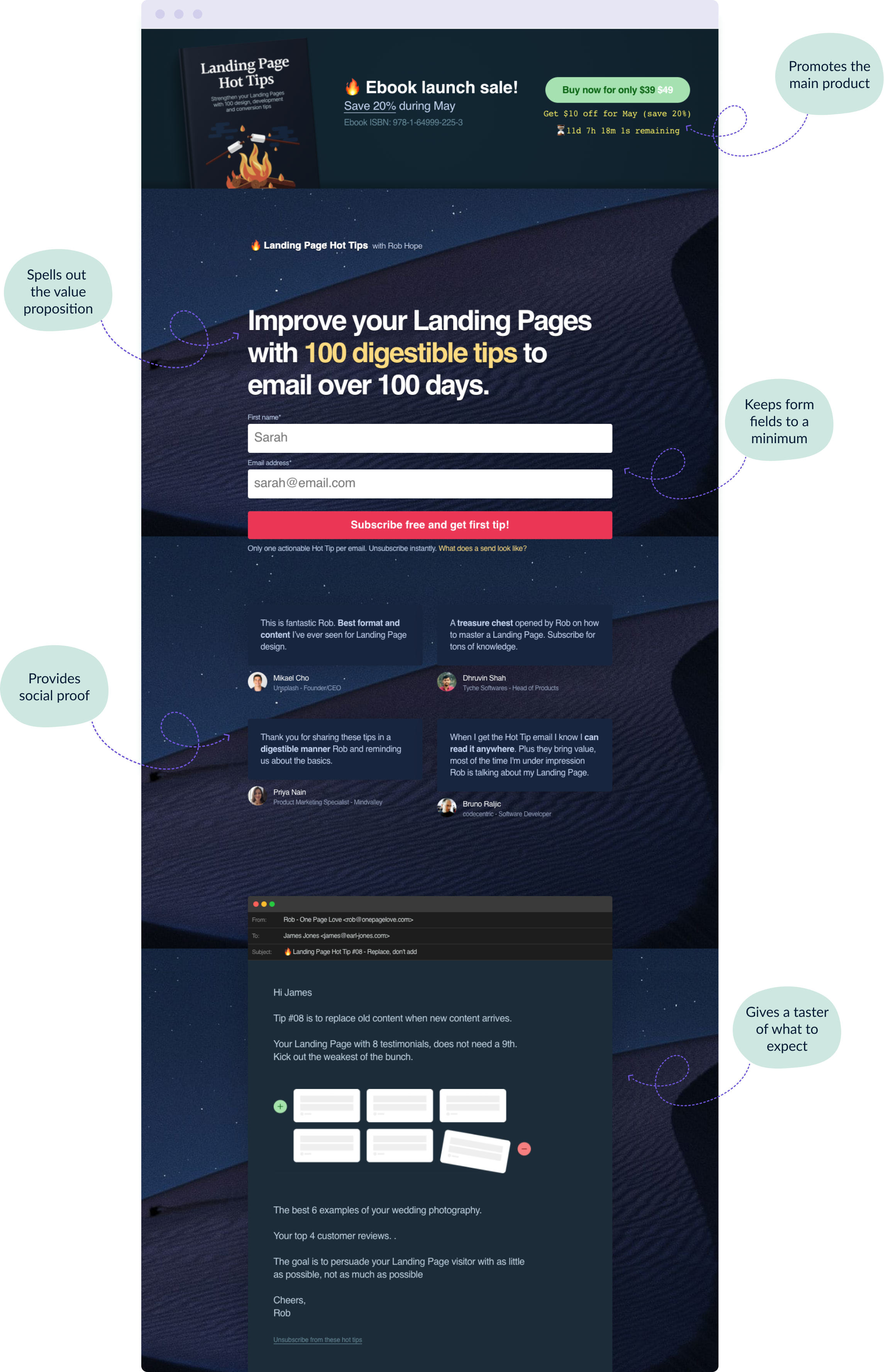 The Landing Page Hot Tips email course sign-up form landing page showing you how it's done