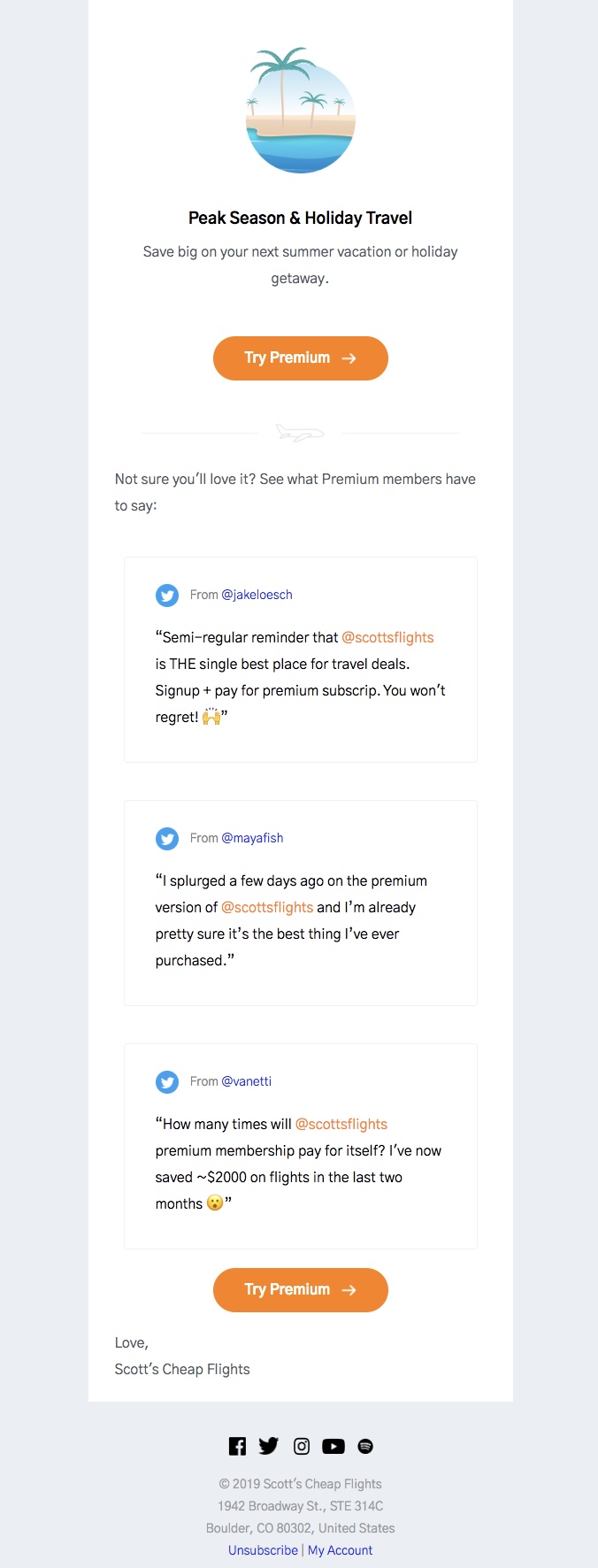 Example of an email repurposing social media content in the form of testimonials