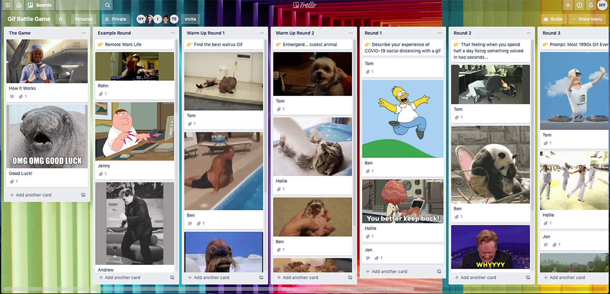 Screenshot of our GIF battle board on Trello after the game - a quick and easy way to have some fun at work as a remote team