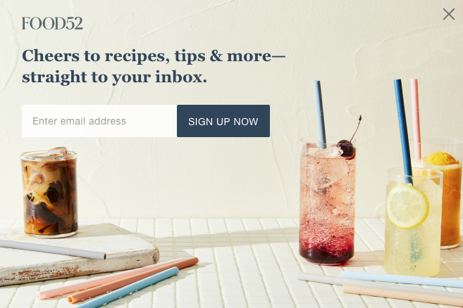 Floating sign-up form displayed on the homepage of Food52