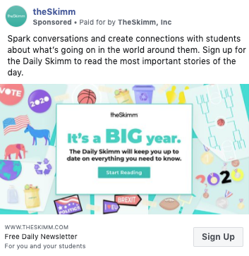 An example of a Facebook ad promoting The Skimm newsletter. This helps build your subscriber count and solve the common email marketing problem of slow mailing list growth.