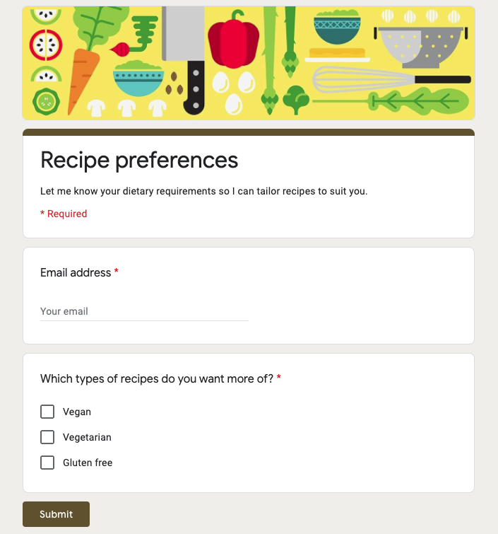 Screenshot of a sample Google Form used to collect subscriber data