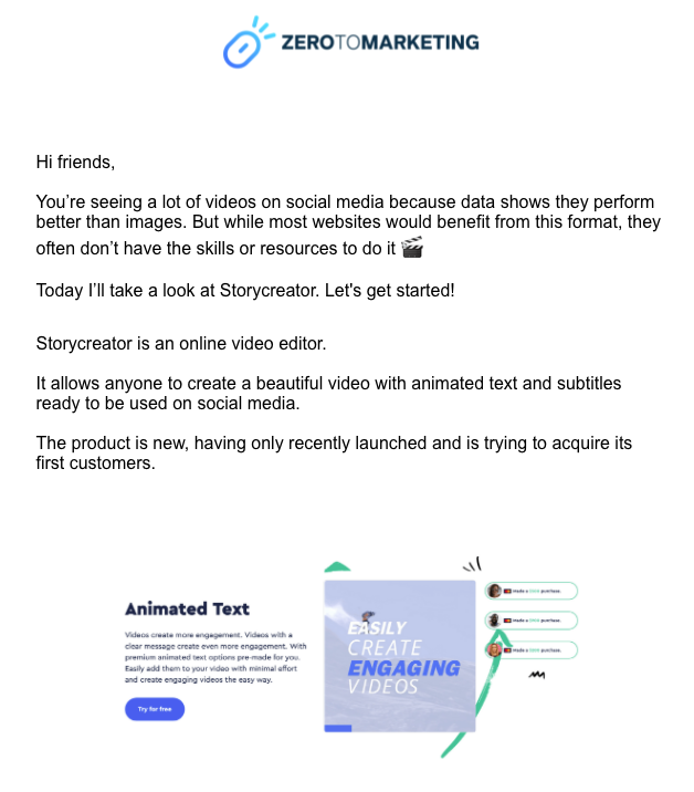 Screenshot of the intro from one of Zero to Marketing's case study emails