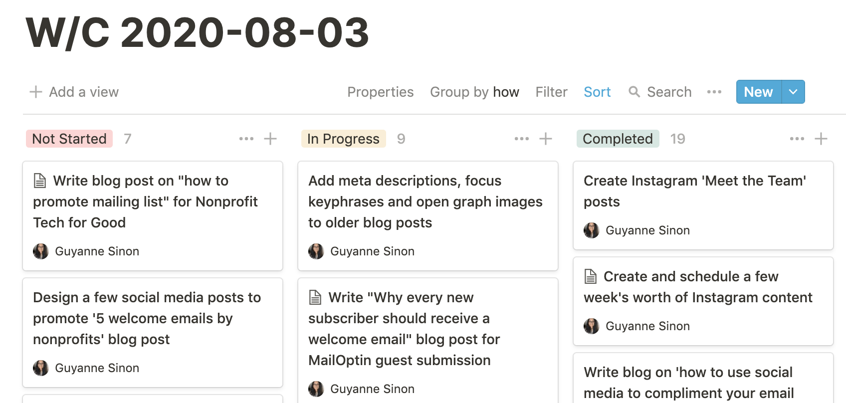 Screenshot of our weekly planner on Notion, which Guyanne used to manage her workload during her remote internship. 