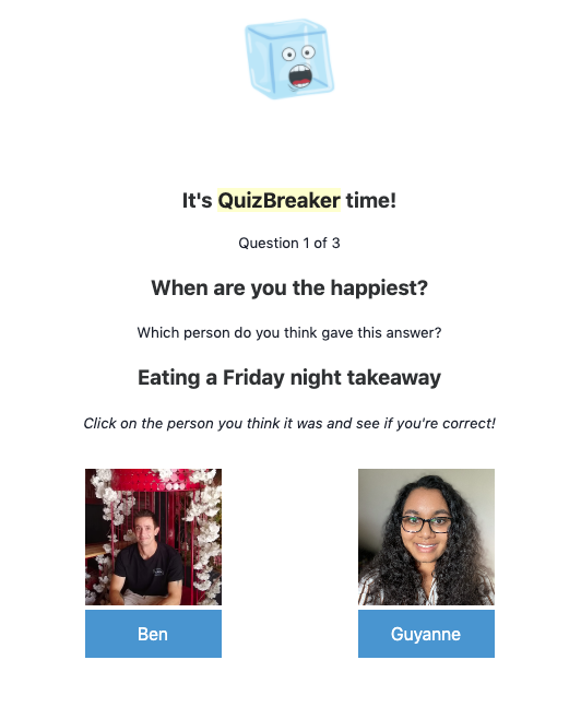 Screenshot of our weekly QuizBreaker challenge.
