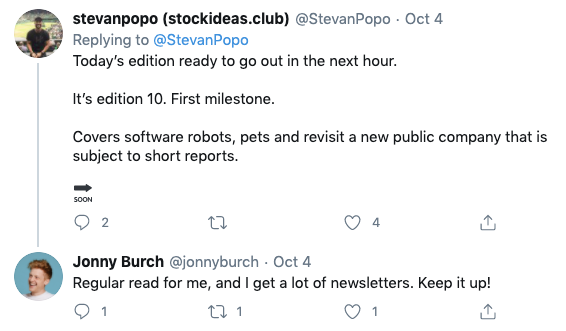 Screenshot of a Tweet from a subscriber of StockIdeas.club