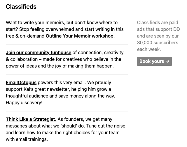 Screenshot of the classified ads section in Dense Discovery – an example of how to get sponsors for your newsletter