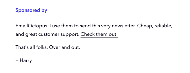 Example of social proof alongside a newsletter sponsored ad in the Marketing Examples newsletter by Harry Dry