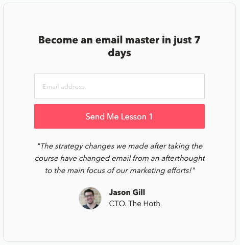 The opt-in form used by EmailMastery for their email course
