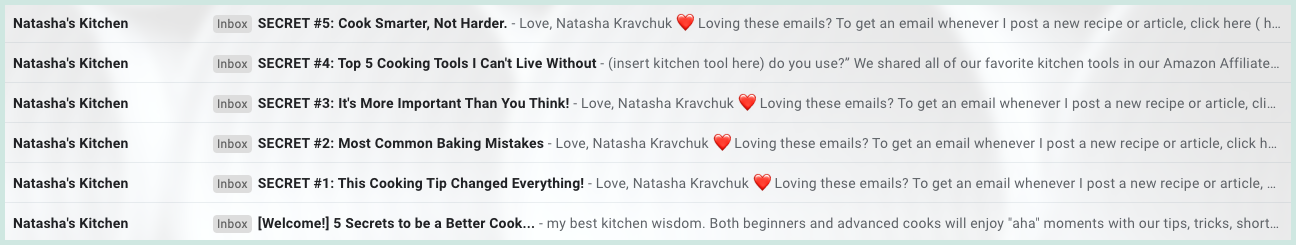 Subject lines used for Natasha's Kitchen 5-day email course and an example of how to create curiosity to improve open rates