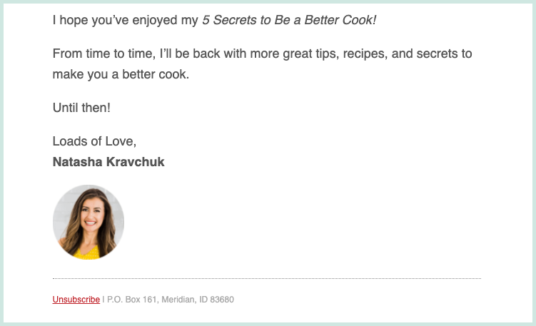 Screenshot of the sign-off in the final email of Natasha's Kitchen 5-day email course
