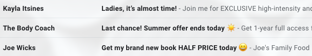 Screenshot of subject lines in the Gmail spam folder