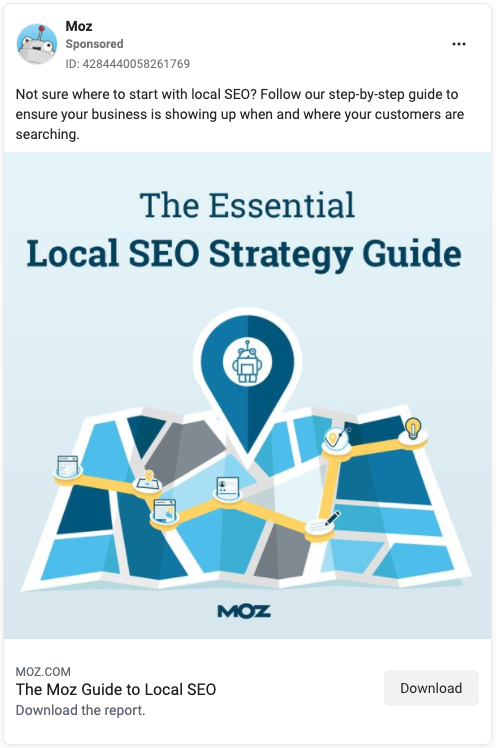 Example of a Facebook ad by Moz used to promote a lead magnet
