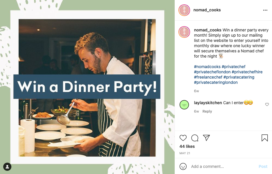 Instagram post by Nomad Cooks promoting their giveaway to grow their mailing list