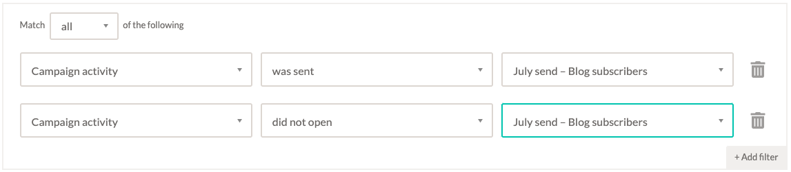 Screenshot of a segment created in EmailOctopus based on campaign activity