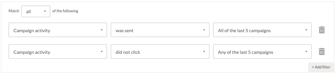 Screenshot showing how to segment contacts by click activity in EmailOctopus