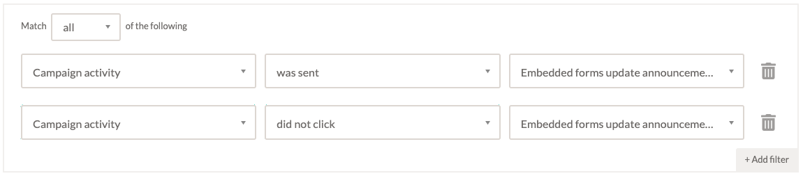 Screenshot showing how to segment contacts by whether they clicked a link in a campaign in EmailOctopus