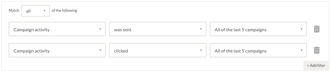 Screenshot showing how to segment contacts based on being sent recent campaigns and clicking links in all of them in EmailOctopus