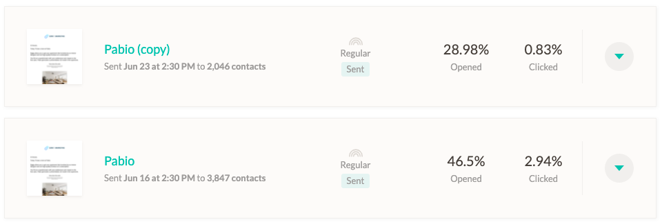 Screenshot of the resend campaign reports of Zero to Marketing